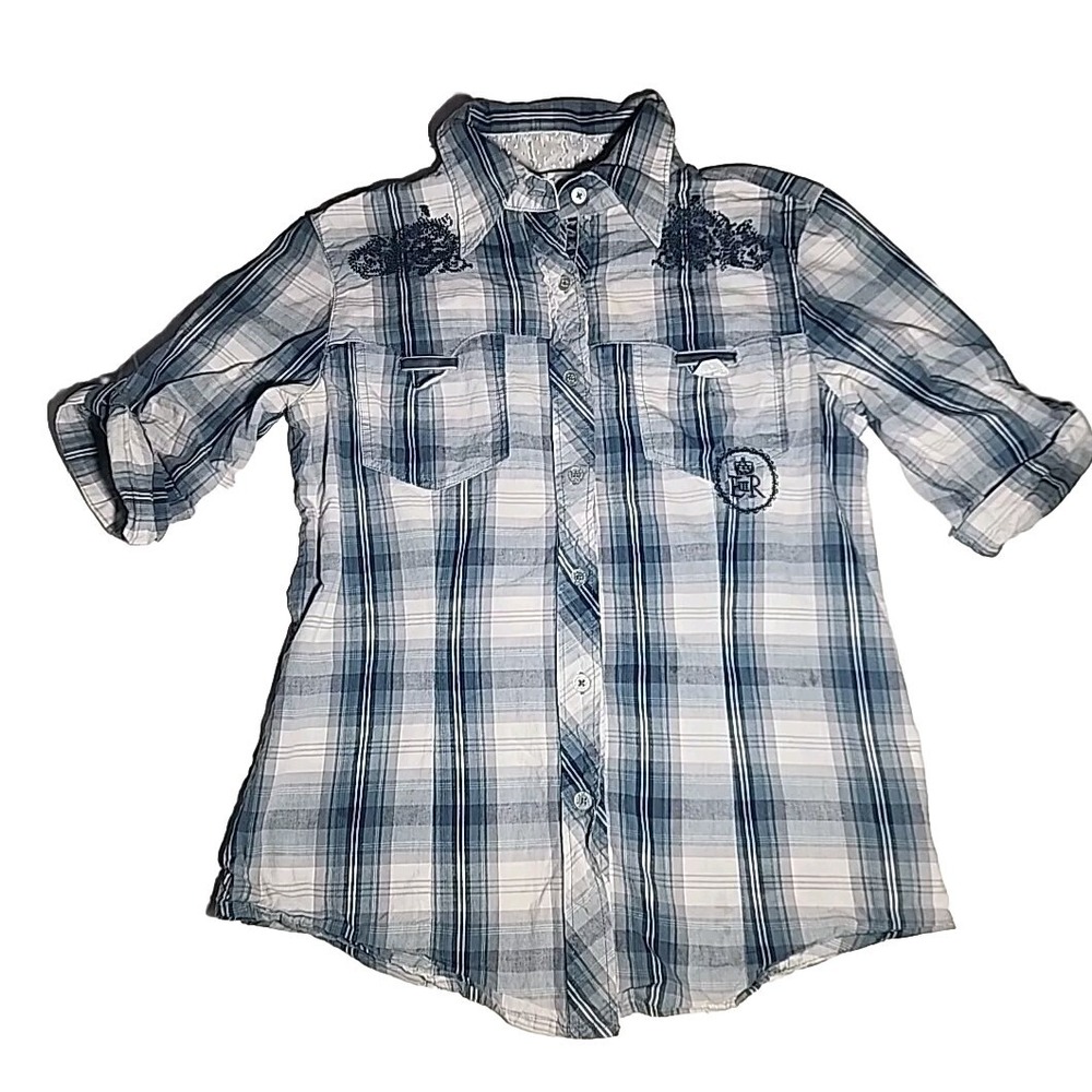 Enlish Rose Blue And White Plaid Embroidered Button Down Shirt 3/4 Sleeve...